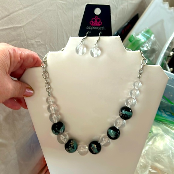 Black and turquoise with a hint of gold bead with clear beads also necklace - Picture 1 of 2